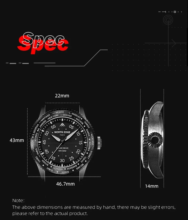 Excellence Pilot Watches for Men MACH 2024 New Design Solar Powered Watch Dual Time Zone Waterproof TPR Nylon Strap Pilot Men's Watch