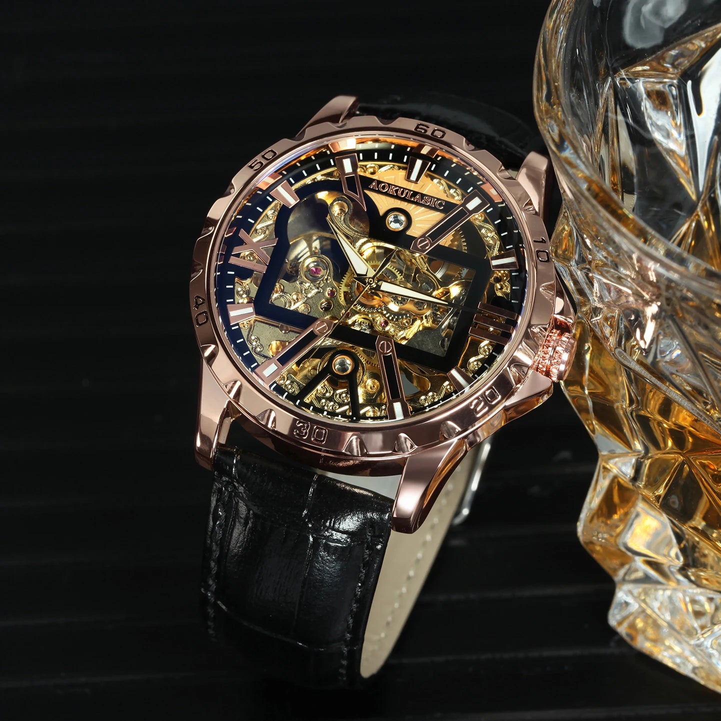 Excellence Brand Military Mechanical Watches Fashion Iced Out Gold Skeleton Automatic Watch for Men Stainless Steel Strap Luminous