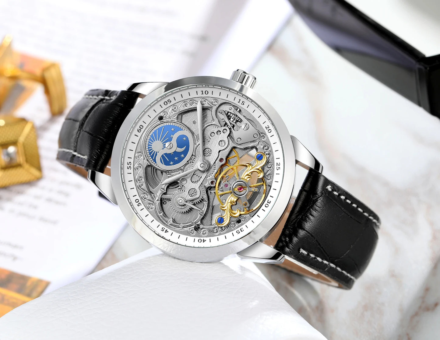 Excellence High-quality Multiple Time Zon Moonphase Tourbillion Automatic Watch Regulator Skeleton Mechanical Watches for men replica