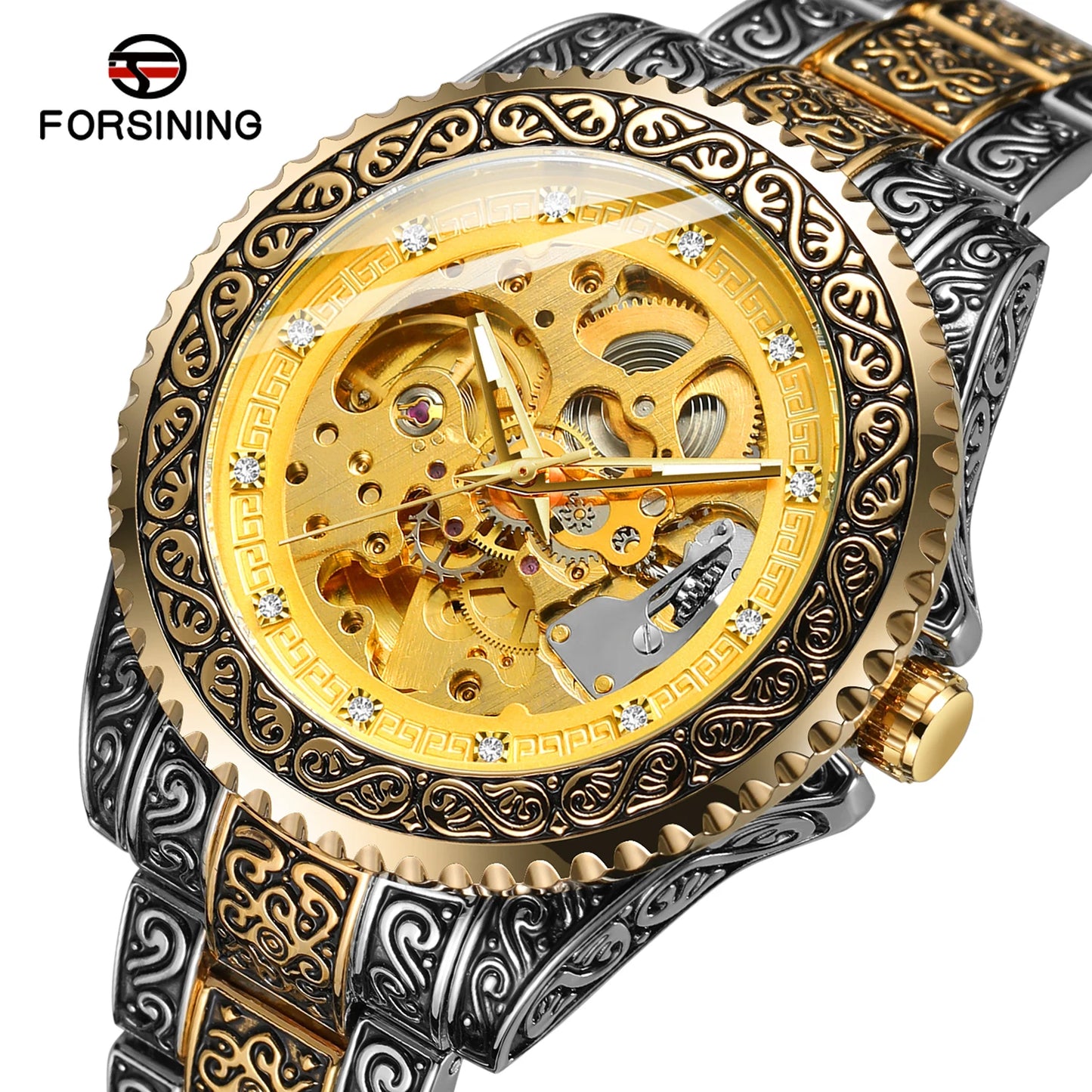 Excellence Luxury Men Automatic Mechanical Wristwatch Waterproof Stainless Steel 3D Diamond Watch Golden Men's watch Vintage