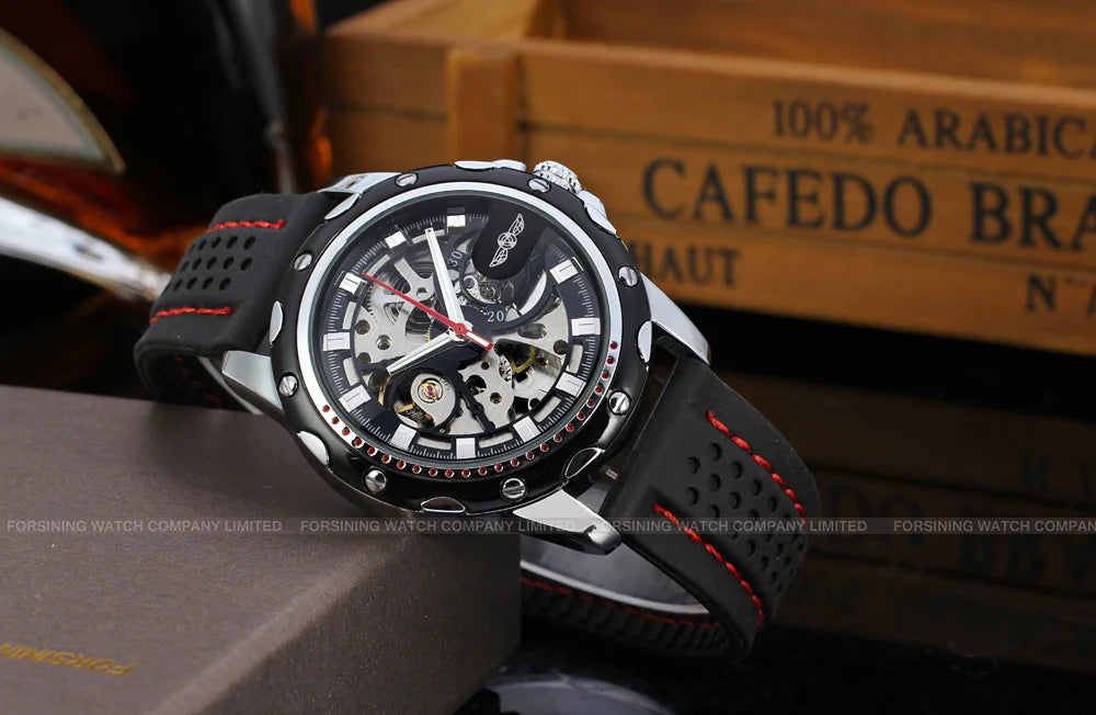 Excellence High End Luxury Transparent Skeleton Mechanical Automatic Watches for Men Fashion Classics Waterproof Rubber Male Wrist Band