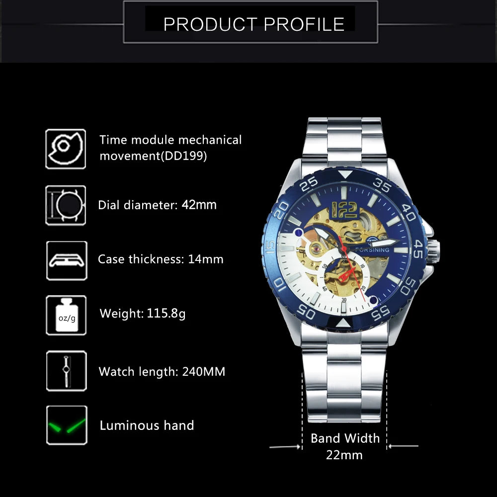 Excellence Skeleton Men's Watch Blue Rotatable Bezel Luxury Automatic Mechanical Watches Stainless Steel Band Wristwatch