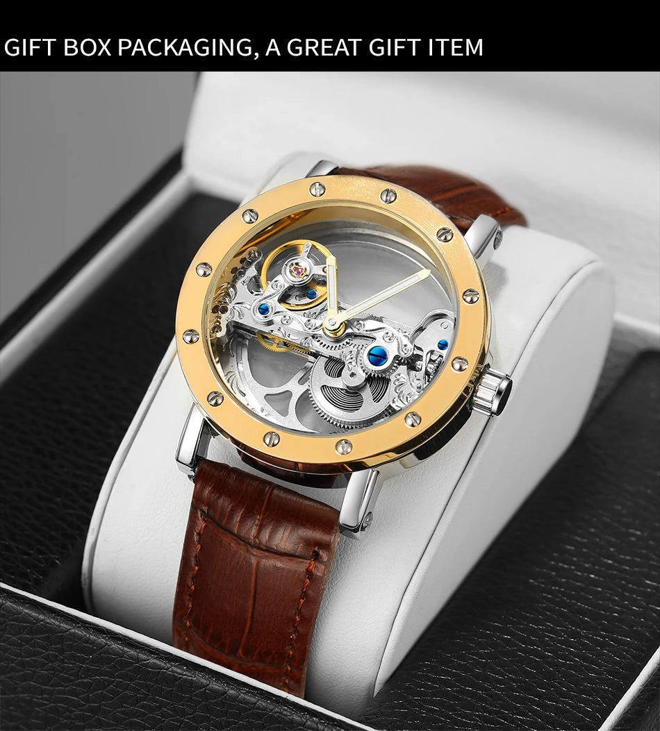 Excellence Top Brand Luxury Steel Skeleton Tourbillon Automatic Watch Men Leather Mechanical Waterproof Luminous Elegant Wrist Clock