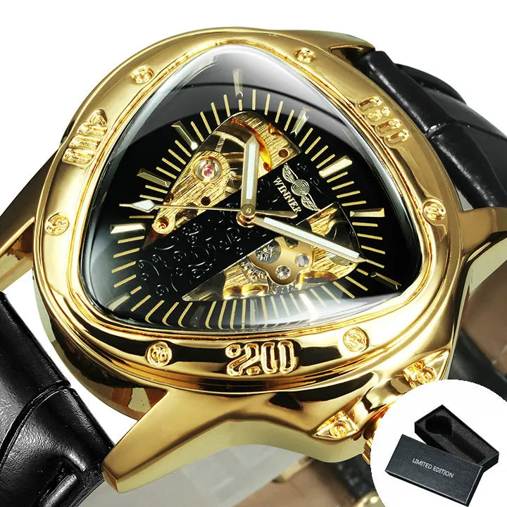 Excellence Sports Military Skeleton Automatic Mechanical Watch for Men Black Gold Triangle Dial Steel Leather Strap Luxury Watches