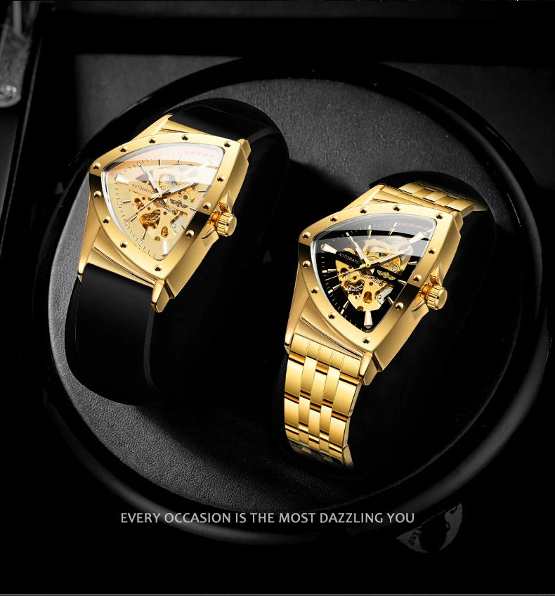 Excellence Military Triangle Skeleton Automatic Watch for Men Gold Sports Mechanical Watches Luxury Rubber strap Luminous