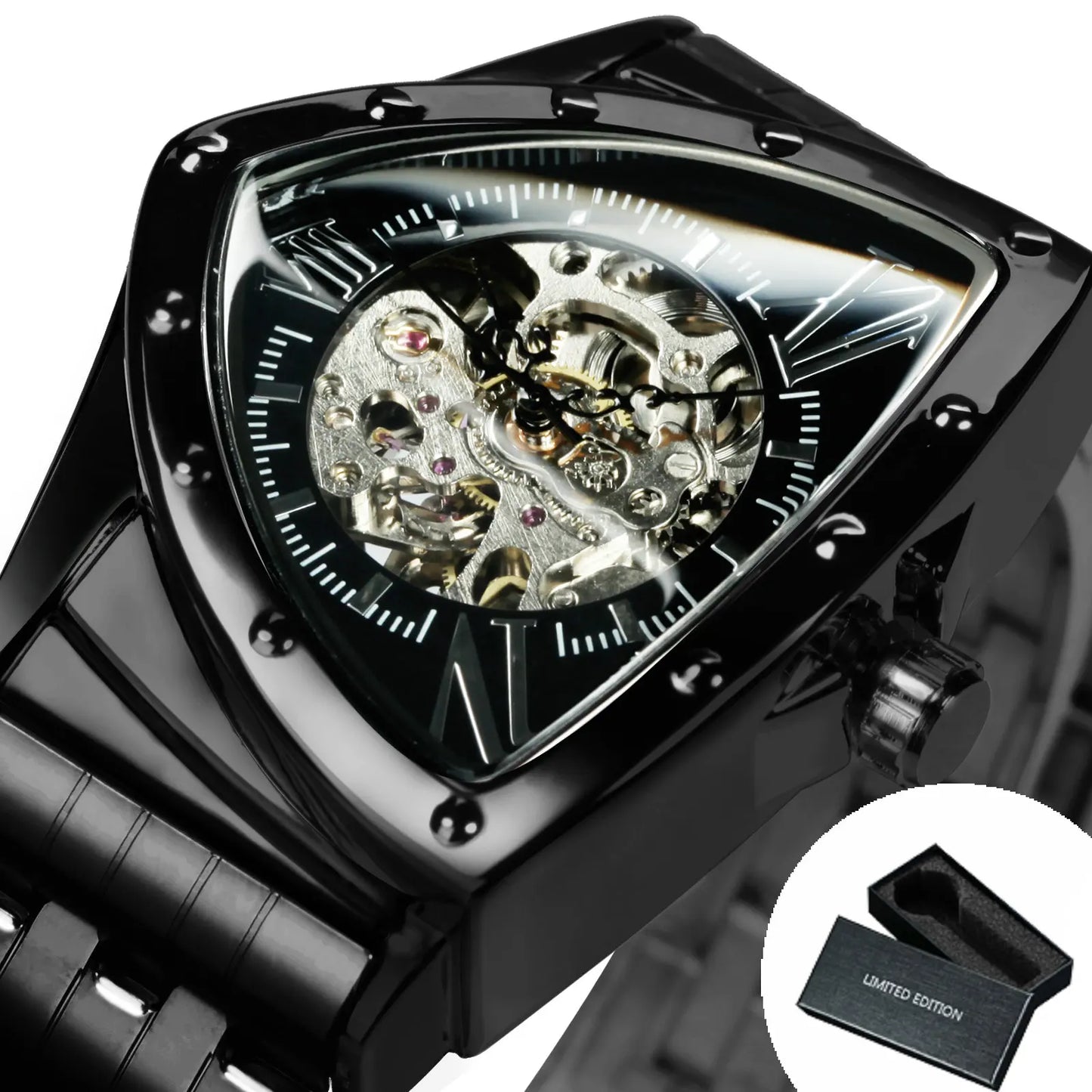 Excellence Military Triangle Skeleton Automatic Watch for Men Luxury Brand Stainless Steel Strap Fashion Sports Mechanical Watch