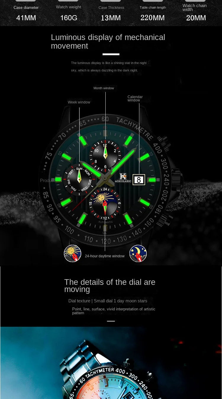 Excellence Fashion Multifunctional Automatic Watch for Men Week Display Moon Phase Red Light Coat Mechanical Watches Steel Strap