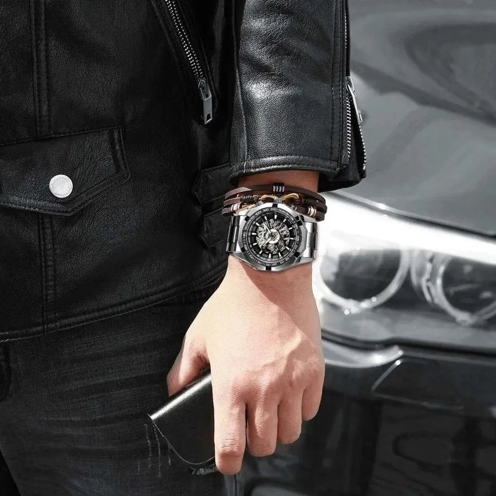 Excellence Classic Skeleton Watch for Men Luminous Hands Mechanical Watches Stainless Steel Strap Luxury Brand Forsining Wristwatch