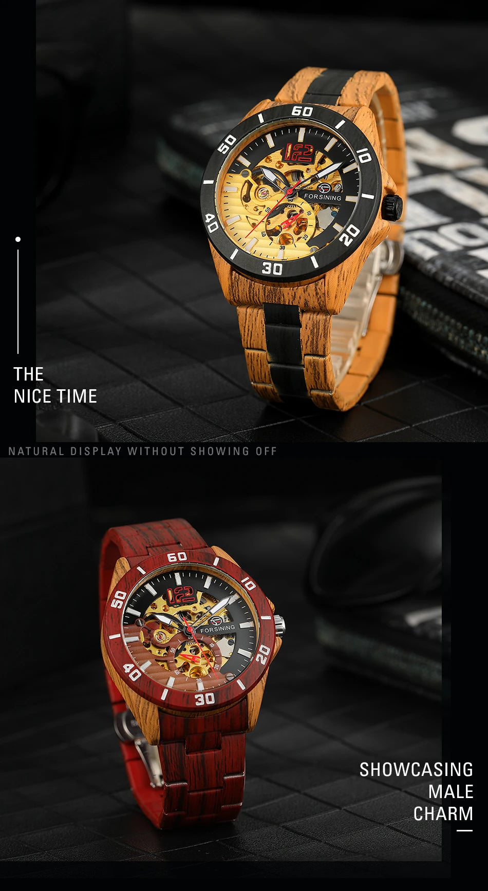 Excellence Luxury  Skeleton Wristwatches Imitation Wood Grain Stainless Steel Strip Automatic Watches for Men Transparent Watch