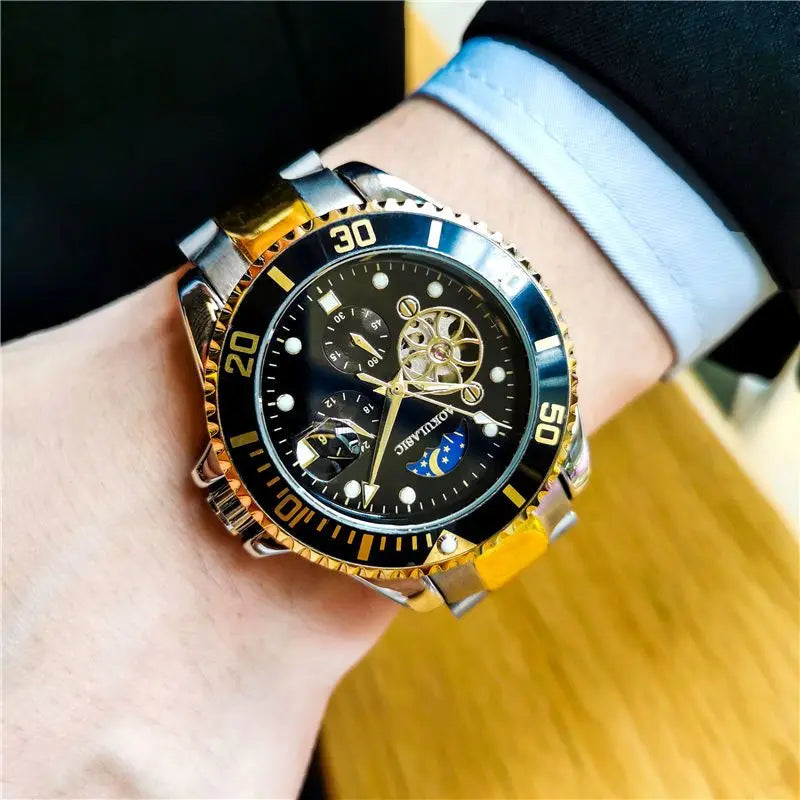 Excellence Moon Phase Skeleton Automatic Watch for Men Luminous Fashion Sports Tourbillon Mechanical Watches Stainless Steel Strap