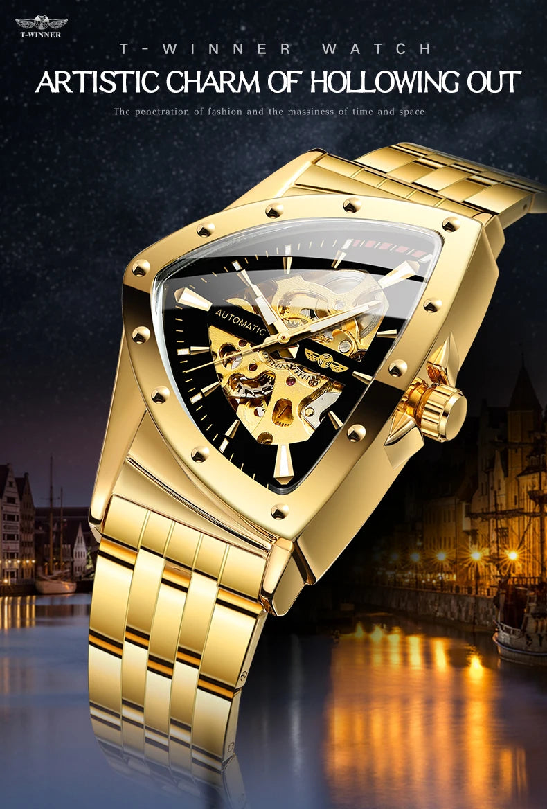 Excellence Military Triangle Skeleton Automatic Watch for Men Gold Sports Mechanical Watches Luxury Rubber strap Luminous