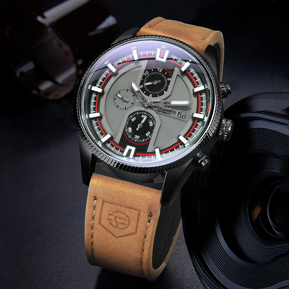 Excellence Sports Mechanical Watches Date Display Small Dials Luminous Hands Military Automatic Men Watch Genuine Leather Strap