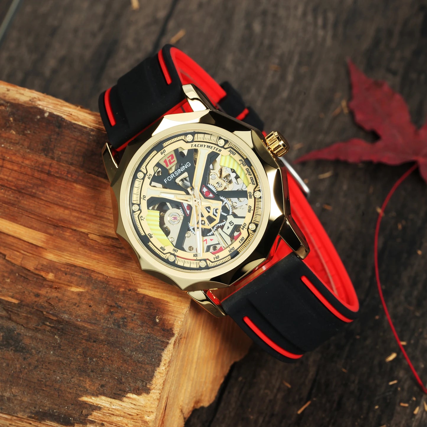 Excellence Fashion Gold Skeleton Mechanical Watches for Men Luminous Hands Casual Black Red Rubber Strap Irregular Sports Watch