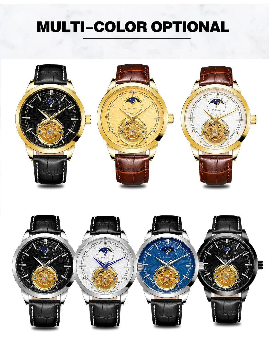 Excellence  Top Brand Hollow Tourbillon Pin Scale Full Automatic Mechanical Man Business Leather Belt Moon Phase Watch