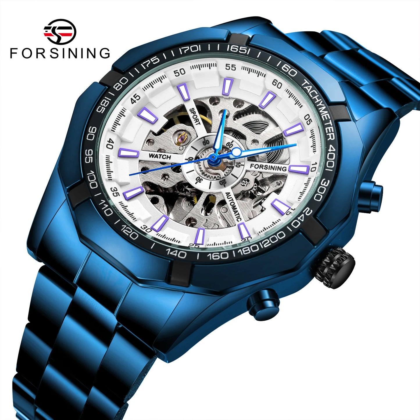 Excellence  New Stainless Steel Waterproof Men Transparent Skeleton Blue Watches Luxury Tourbillion Mechanical Sport reloj hombre