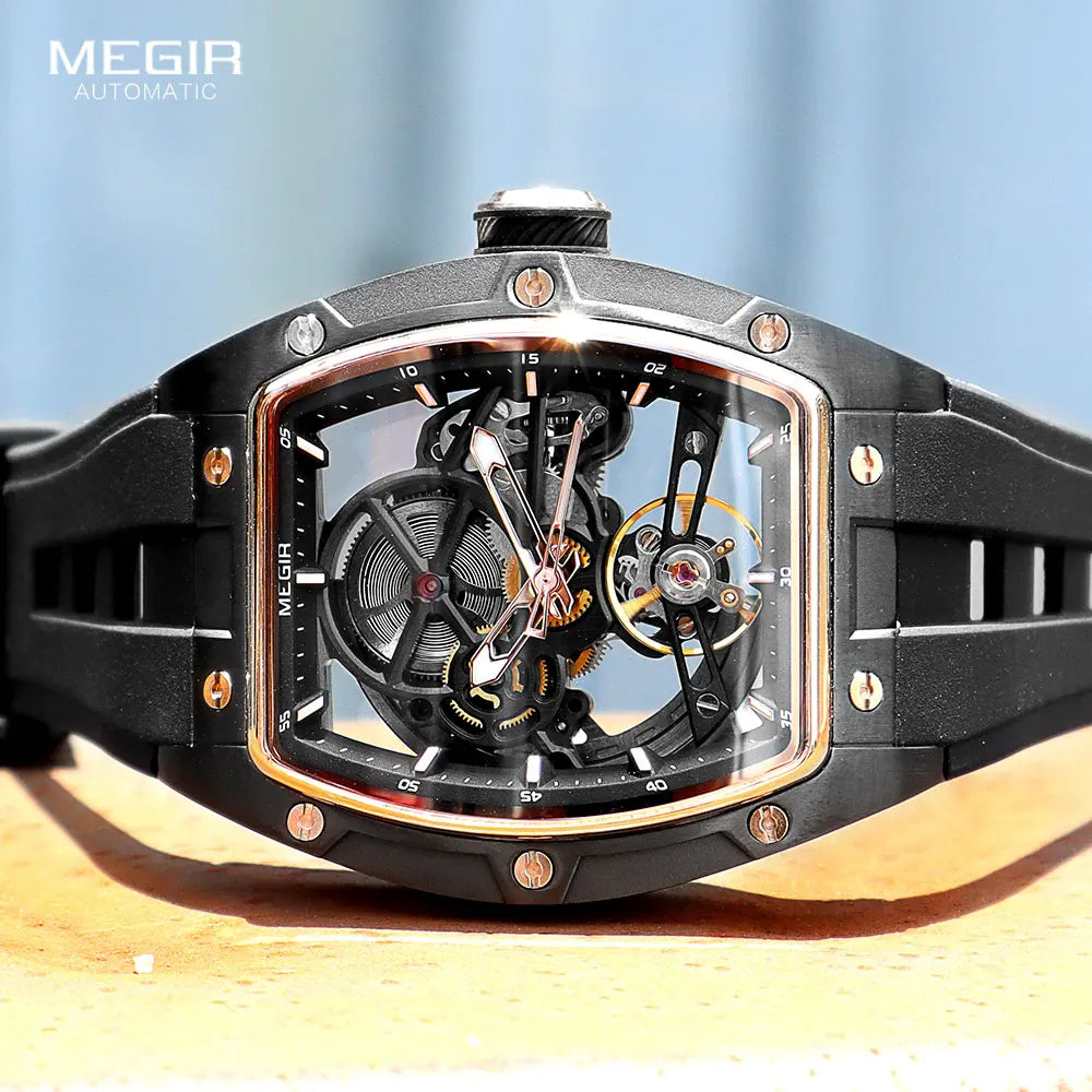 Excellence Automatic Wristwatch Men Fashion Black Silicone Strap Waterproof Luminous Sport Mechanical Watch with Tonneau Dial