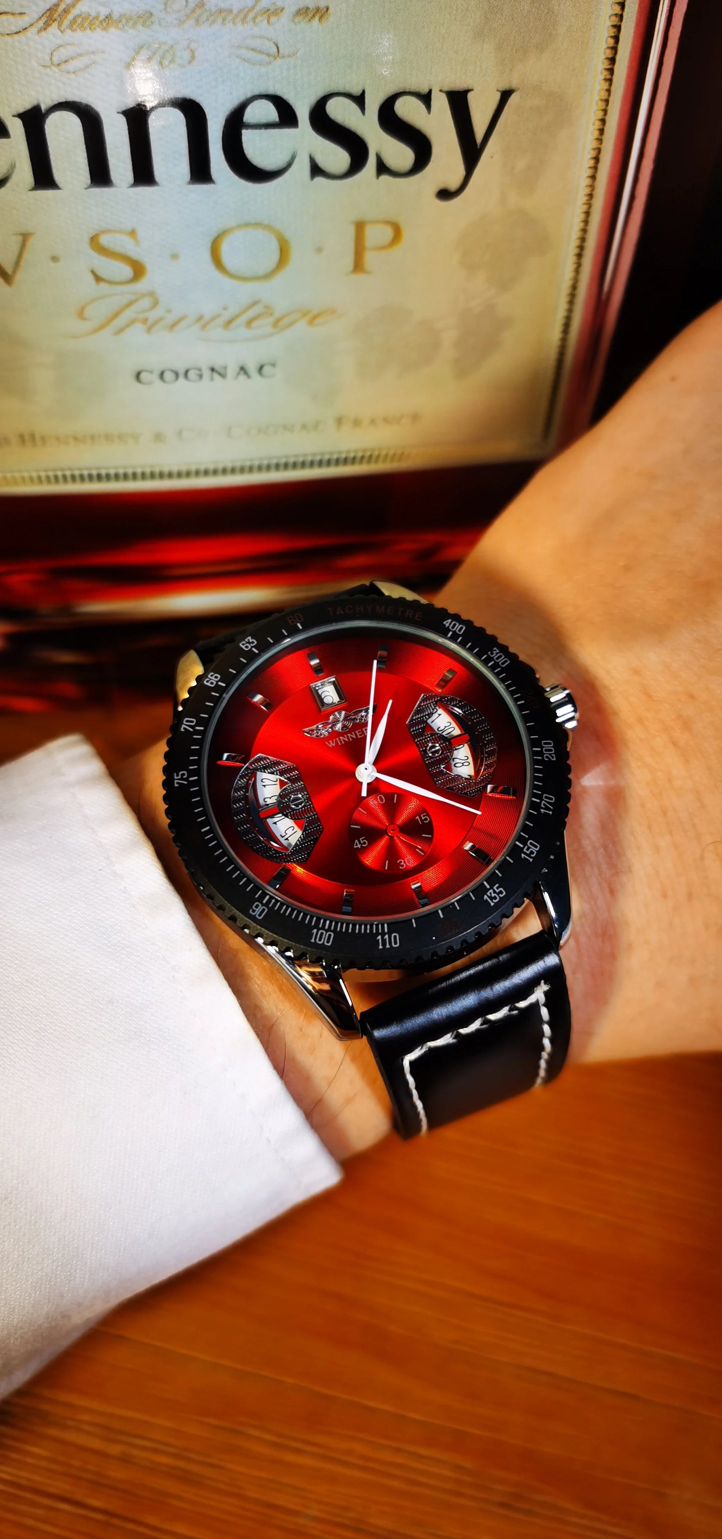 Excellence  Sports Skeleton Mechanical Watches Red Multifunction Dial Date Display Casual Leather Strap Military Automatic Men's Watch