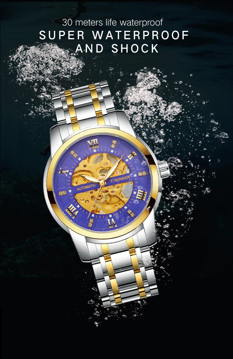 Excellence  Roman scale Skeleton Mechanical Wristwatch Retro Luminous Hands Luxury Brand Cool Men Watches Stainless Steel Waterproof