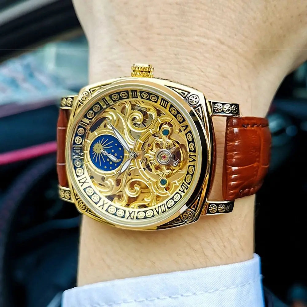 Excellence Mechanical Watches Moon Phase Tourbillon  Gold Automatic Watch for Men Casual Genuine Leather Belt.