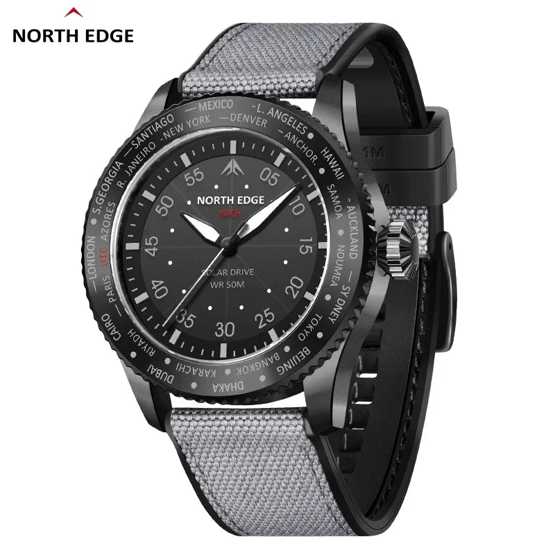 Excellence Pilot Watches for Men MACH 2024 New Design Solar Powered Watch Dual Time Zone Waterproof TPR Nylon Strap Pilot Men's Watch