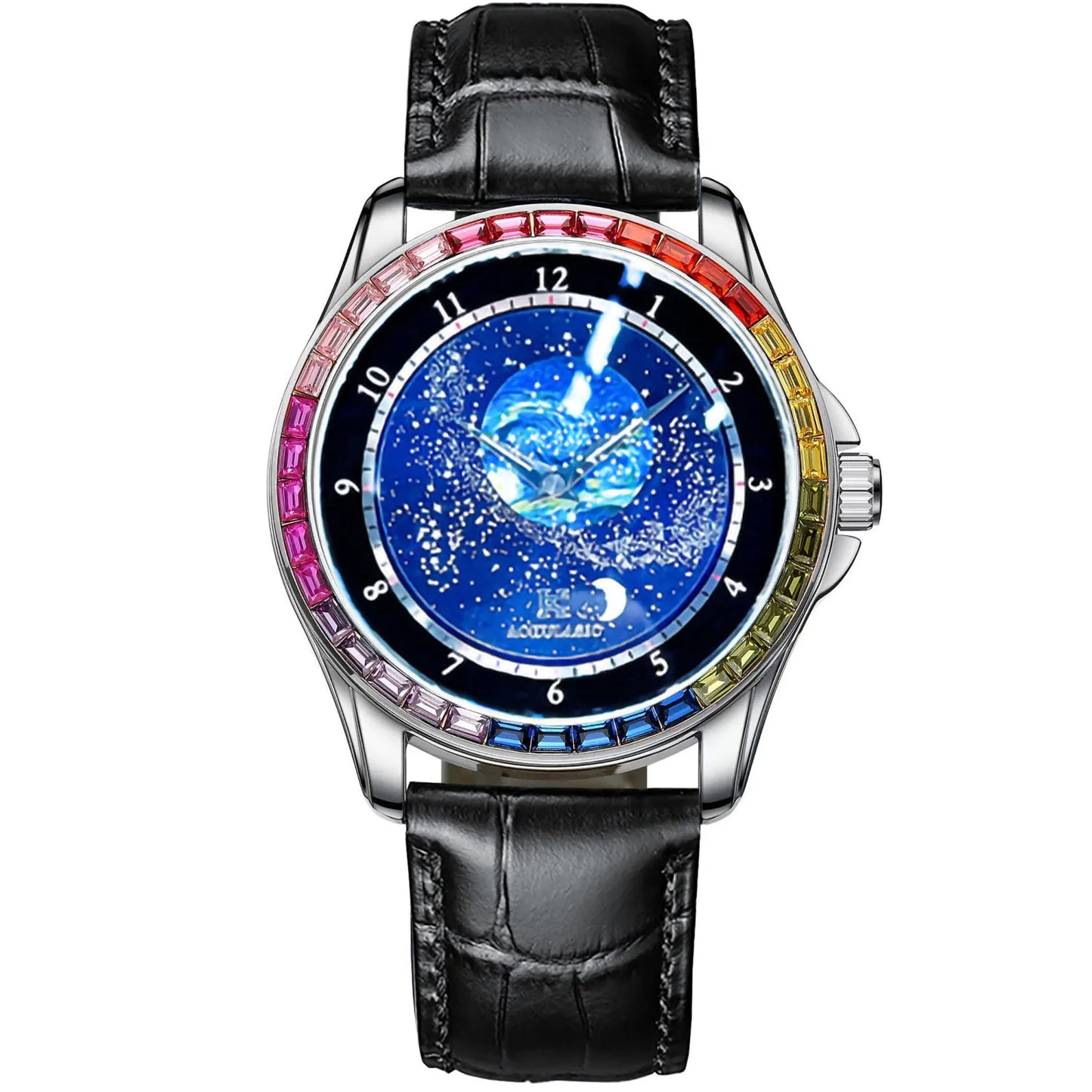 Excellence Luxury Brand Mechanical Watch for Men Rotating Star Dial Fashion Rainbow Case Automatic Watches Genuine Leather Strap Wristwatch