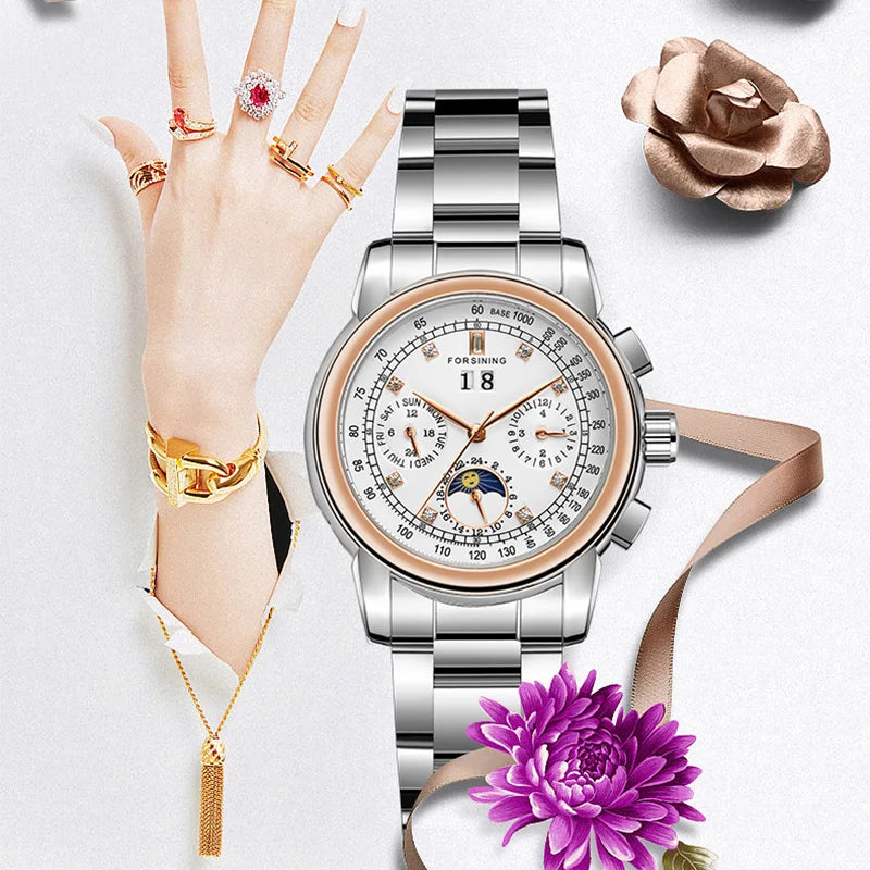 Excellence Women Automatic Mechanical Fashion Luxury Wrist Watches Ladies Diamond Moon Phase Multifunctional.