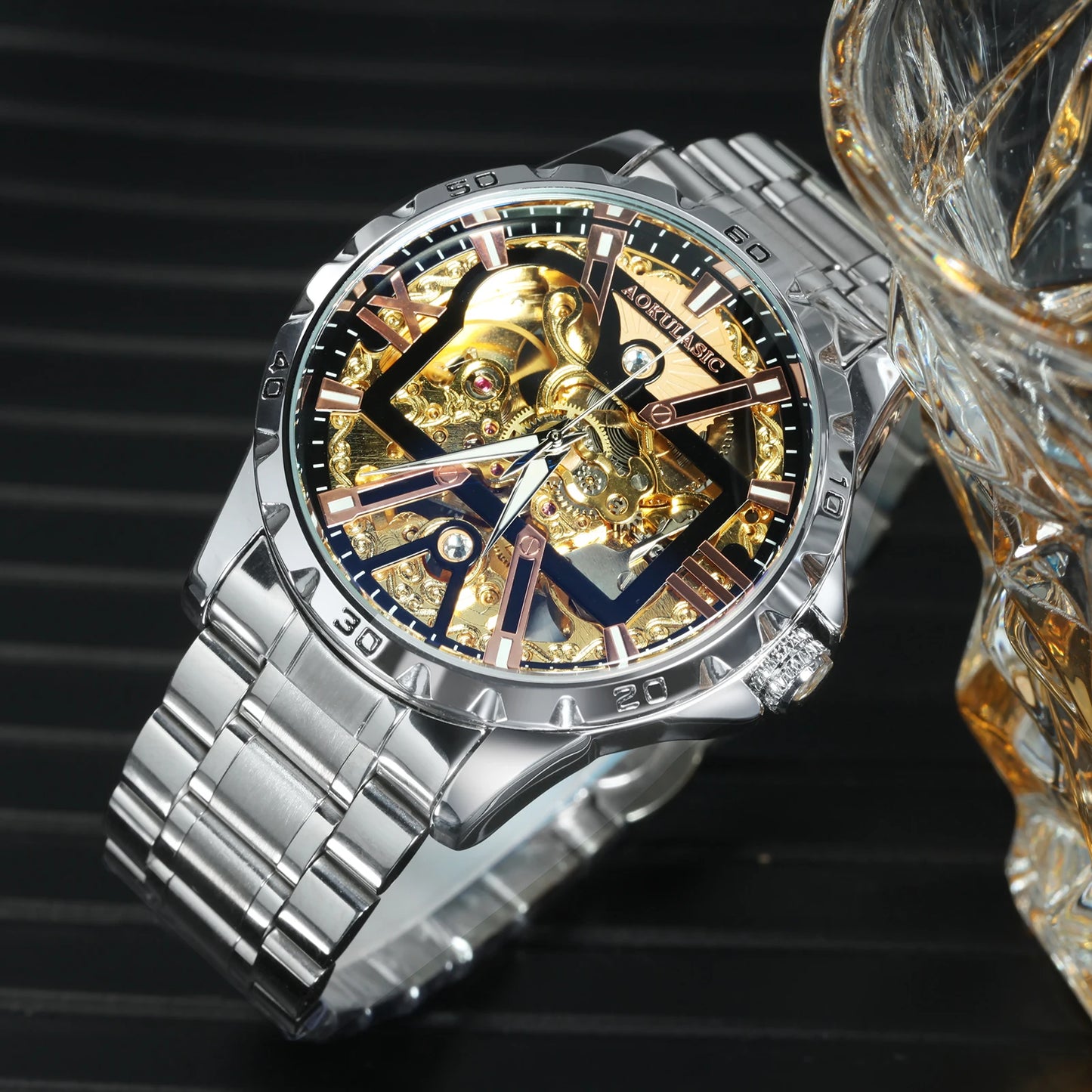 Excellence Brand Military Mechanical Watches Fashion Iced Out Gold Skeleton Automatic Watch for Men Stainless Steel Strap Luminous