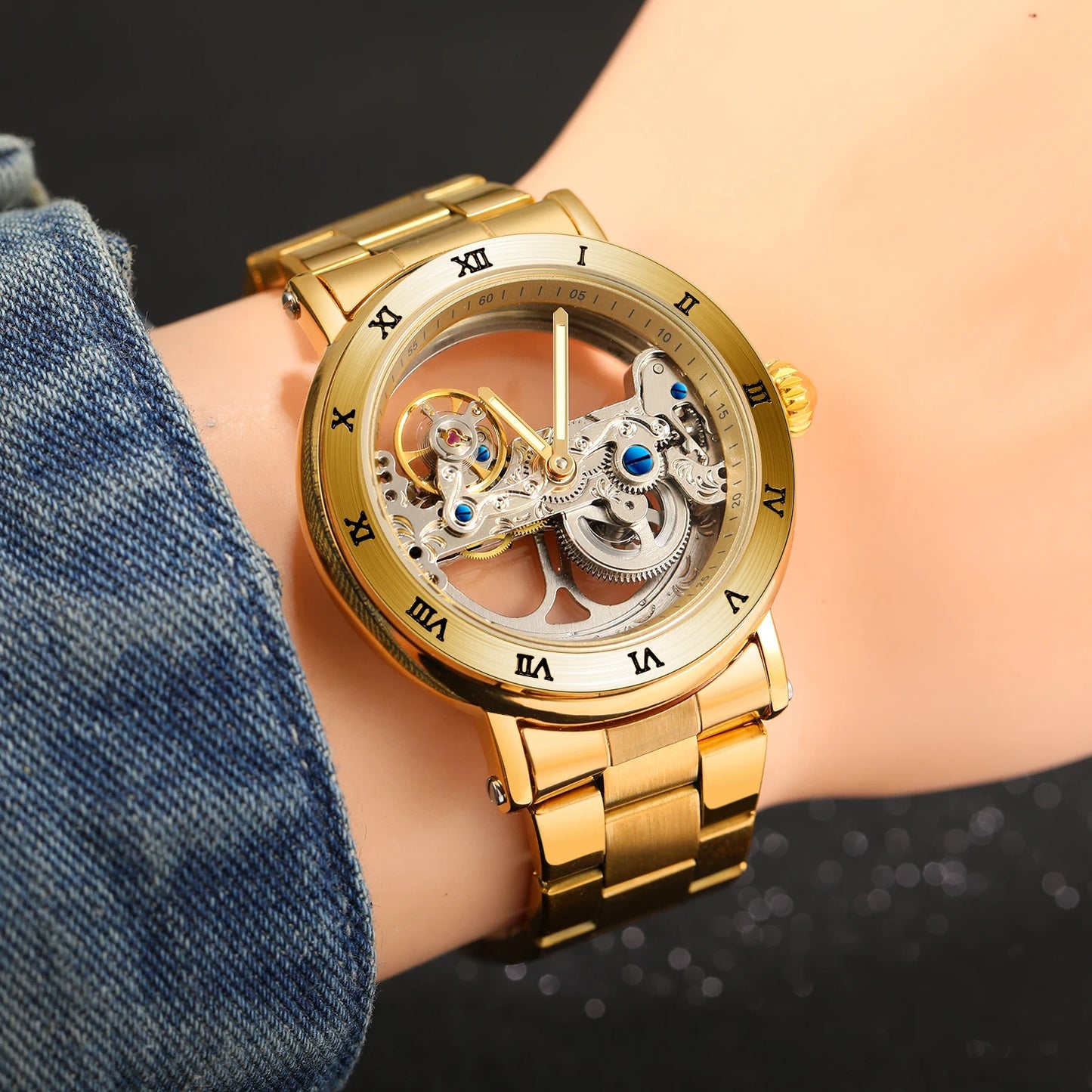 Excellence Gold Bridge Skeleton Automatic Watch for Men Luminous Hands Stainless Steel Leather Strap Luxury Mechanical Watches