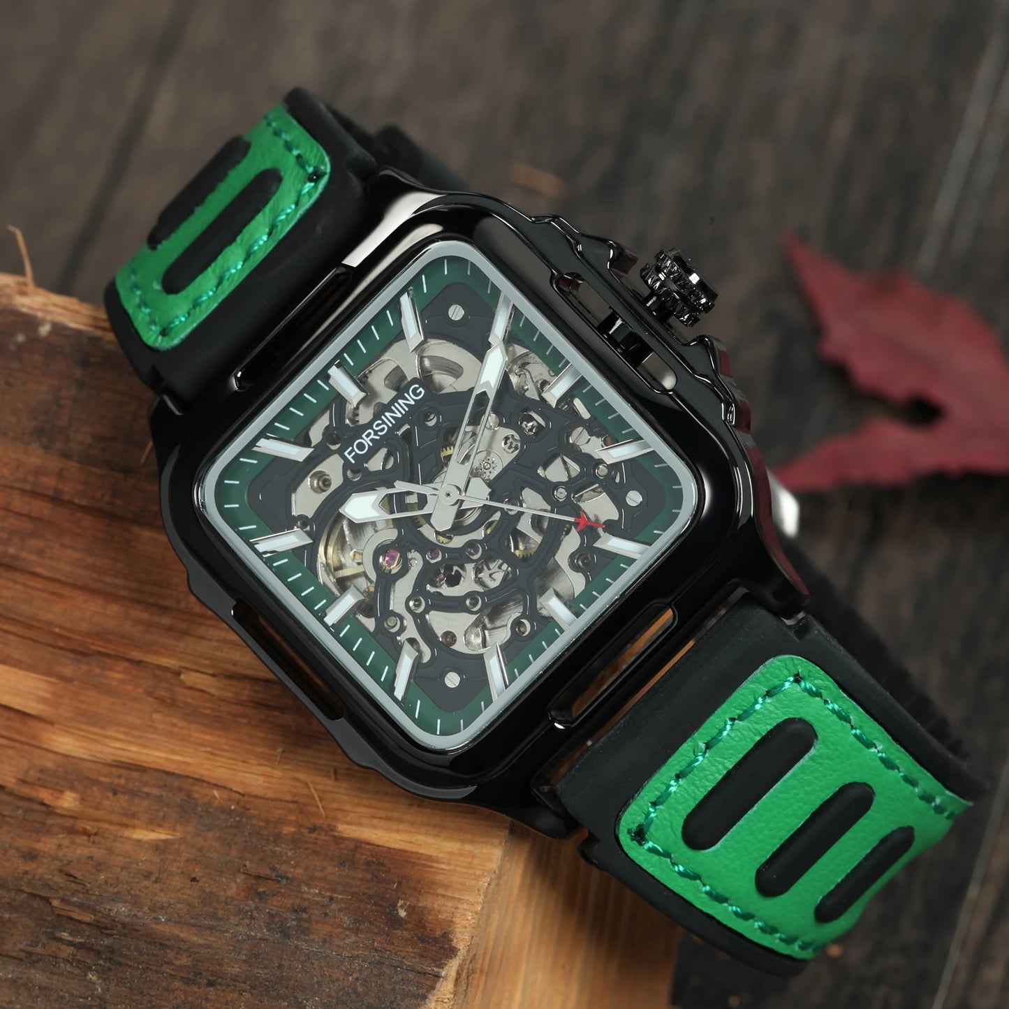 Excellence  Sports Square Automatic Mechanical Watch for Men Fashion Luminous Hand Black Green Rubber Leather Strap Luxury Watch