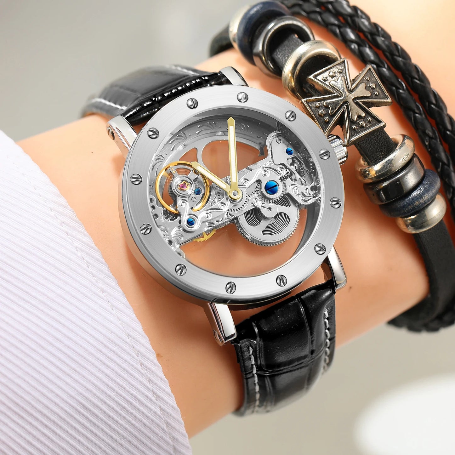 Excellence Top Brand Luxury Steel Skeleton Tourbillon Automatic Watch Men Leather Mechanical Waterproof Luminous Elegant Wrist Clock