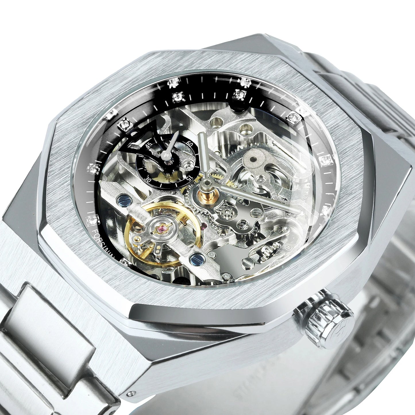 Excellence Silver Automatic Watch Men 3D Diamond Dial Irregular Tourbillon Skeleton Mechanical Wristwatches Luminous Hands