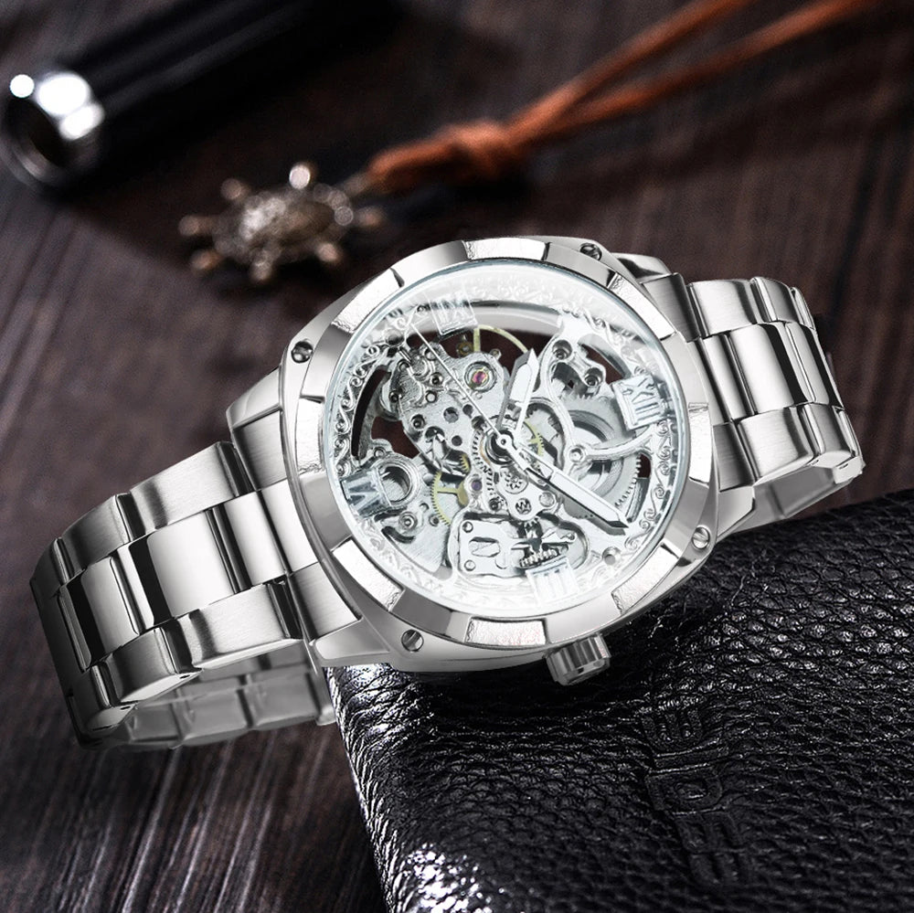 Excellence Square Skeleton Mechanical Watches Luxury Engraved Movement Retro Automatic Watch for Men Steel Strap Luminous Hands