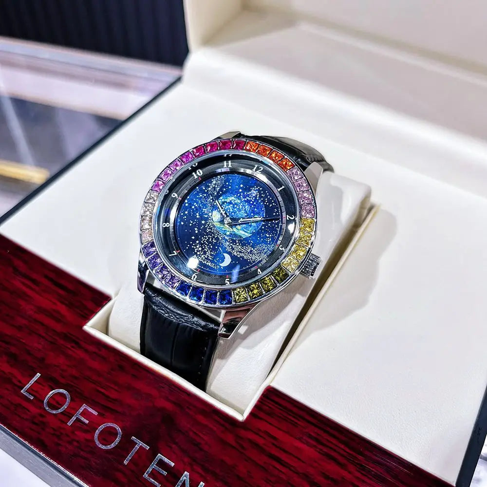 Excellence Luxury Brand Mechanical Watch for Men Rotating Star Dial Fashion Rainbow Case Automatic Watches Genuine Leather Strap Wristwatch