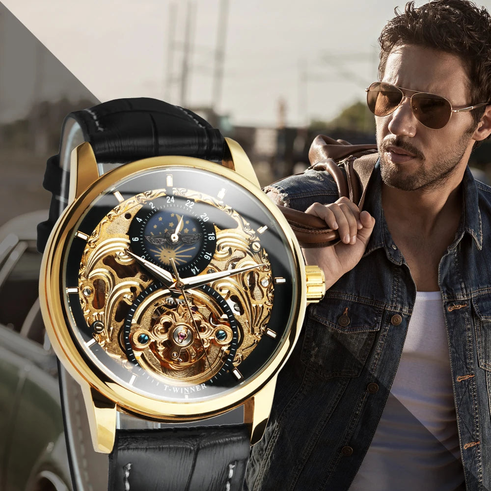 Excellence Moon Phase Watch for Men Luxury Tourbillon Skeleton Automatic Mechanical Watches Casual Genuine Leather Strap