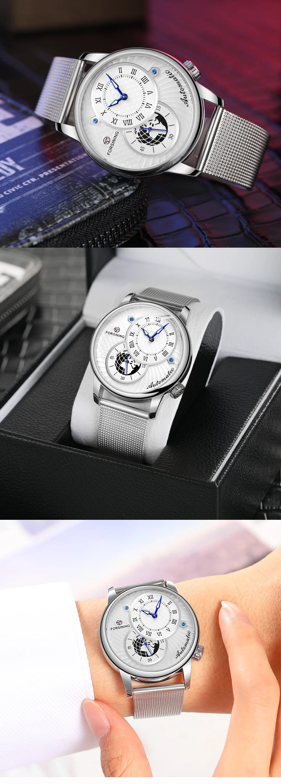 Excellence Earth Image Two Dial Automatic Self-Wind Mechanical Watch Fashion Men watch Waterproof Mesh strap