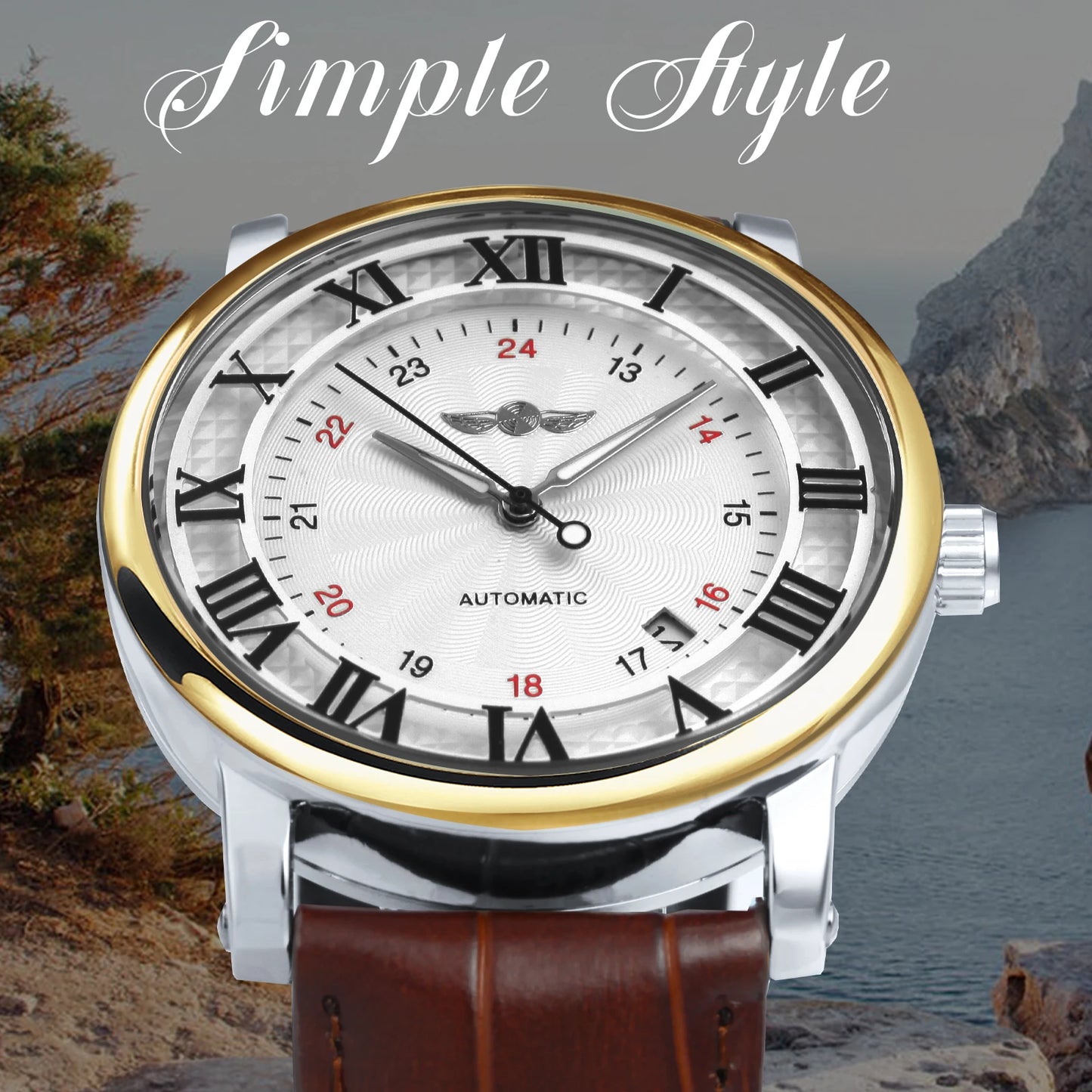 Excellence Fashion Business Mechanical Watches Date Display Minimalist Automatic Watch for Men Casual Brown Leather Strap Wristwatch