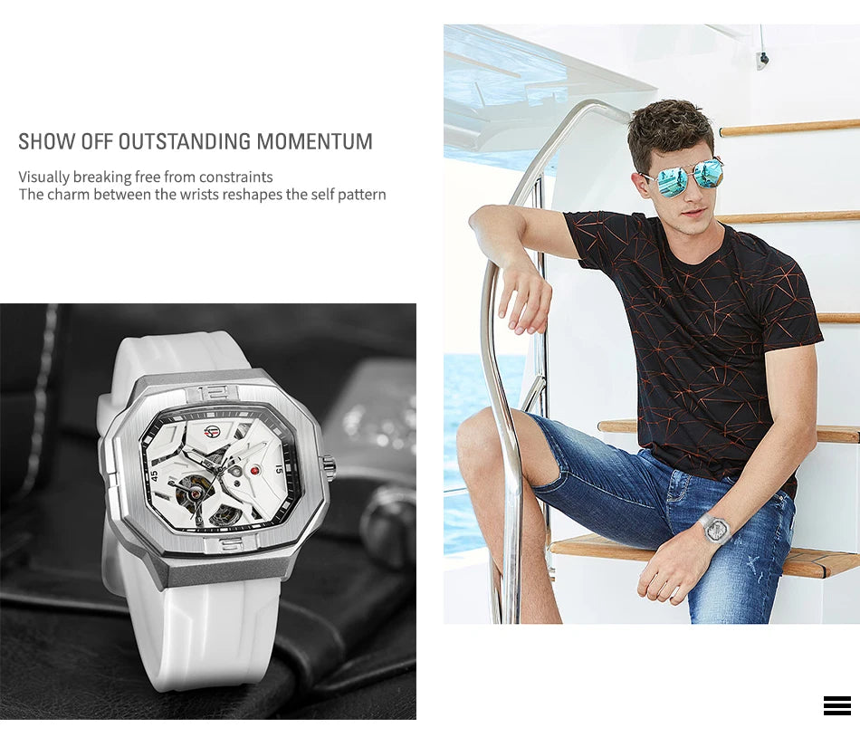 Excellence  Square Skeleton Mechanical Genuine Men Watch Automatic Movement Clock White Sports Waterproof Luxury Male Watches