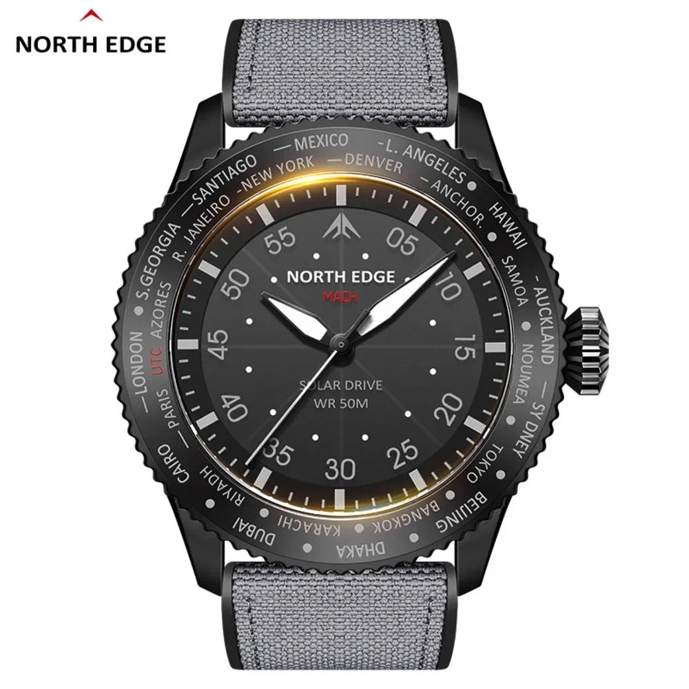 Excellence Pilot Watches for Men MACH 2024 New Design Solar Powered Watch Dual Time Zone Waterproof TPR Nylon Strap Pilot Men's Watch