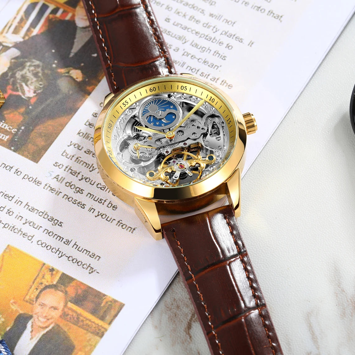 Excellence Fashion Moon Phase Men's Watches Top Brand Luxury Tourbillon Skeleton Automatic Mechanical Watch Brown Leather Belt New