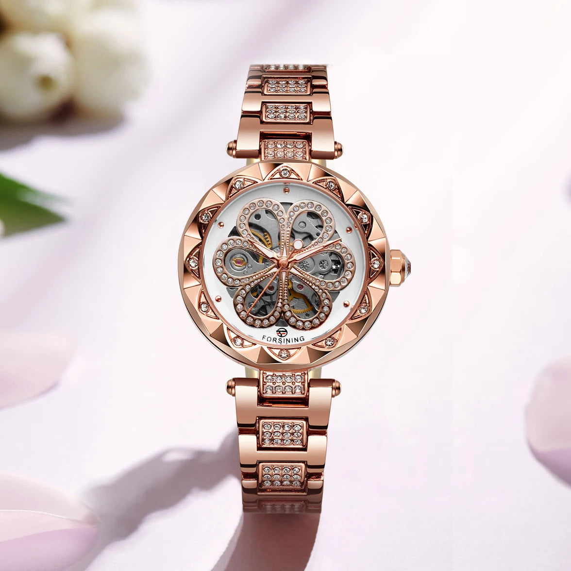 Excellence Skeleton Watch for Women Fashion Classics Diamond Automatic Mechanical Watches Luminous Hands Stainless Steel Strap