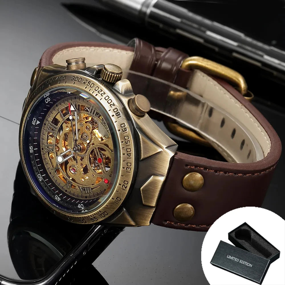 Excellence Skeleton Automatic Mechanical Watch for Men Luminous Hand Brown Genuine Leather Belt Luxury Brand Steampunk Watches