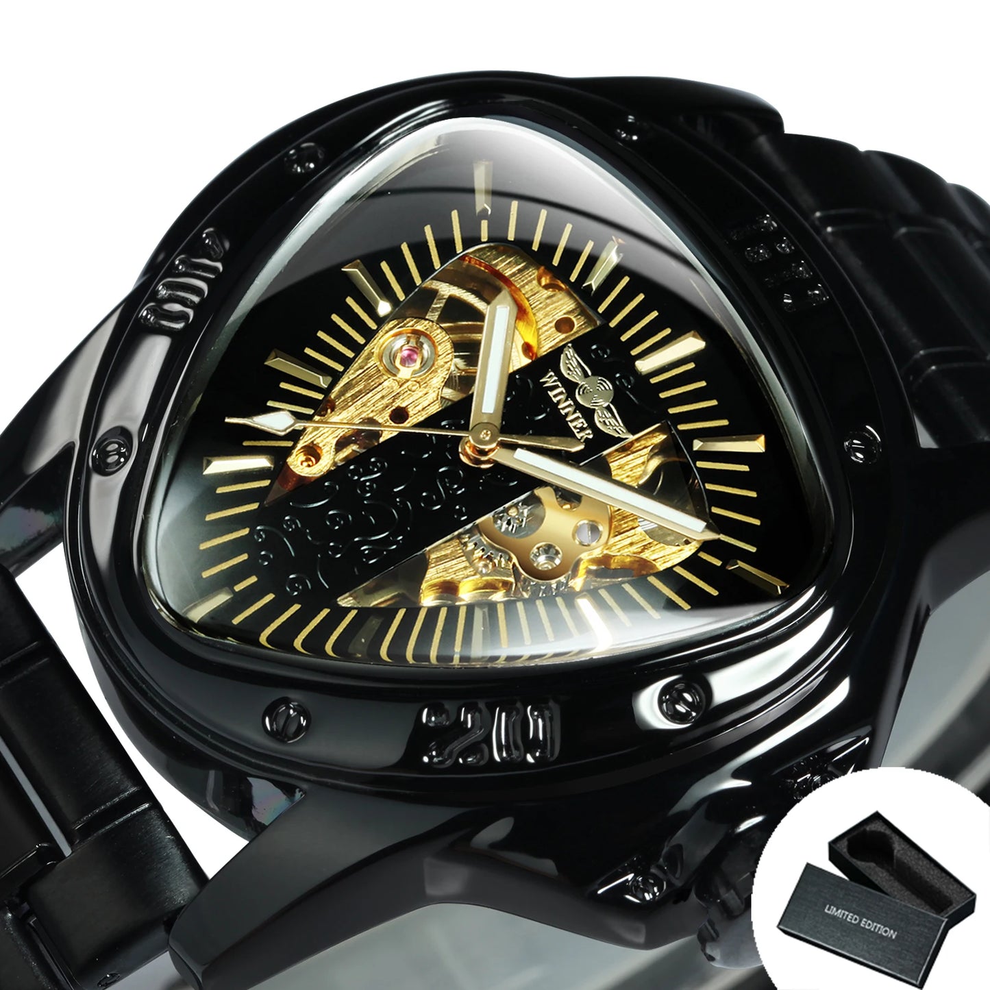 Excellence Sports Military Skeleton Automatic Mechanical Watch for Men Black Gold Triangle Dial Steel Leather Strap Luxury Watches