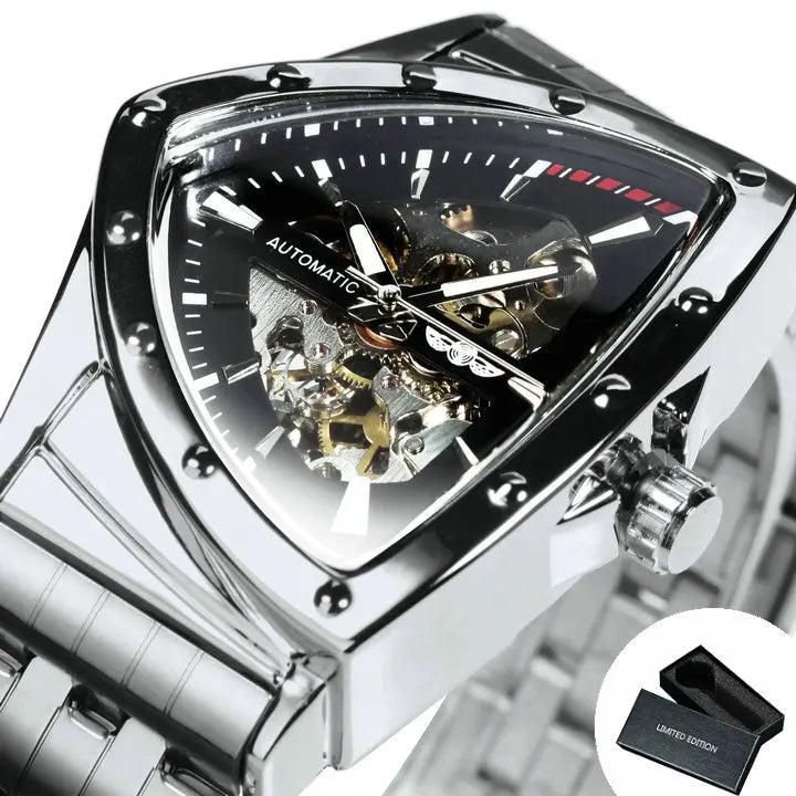 Excellence Military Triangle Skeleton Automatic Watch for Men Gold Sports Mechanical Watches Luxury Stainless Steel Strap Luminous