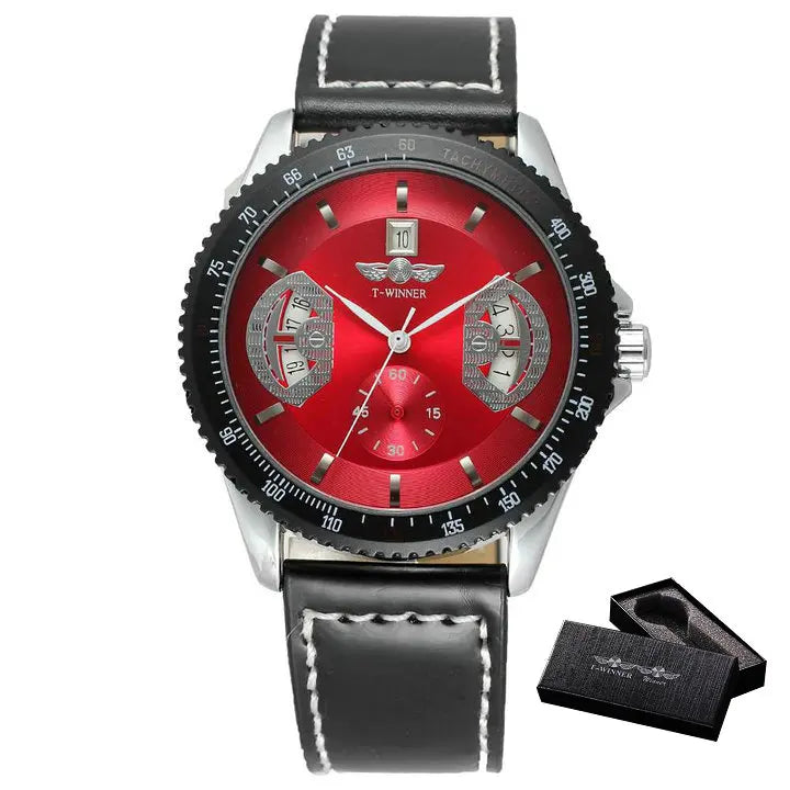 Excellence  Sports Skeleton Mechanical Watches Red Multifunction Dial Date Display Casual Leather Strap Military Automatic Men's Watch