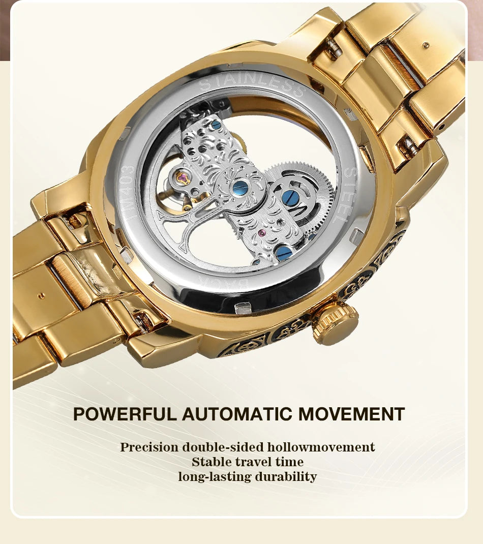 Excellence Luxury Gold Skeleton Mechanical Men Watch Automatic Movement Clock Stainless Steel Strip Male Bronze Wrist Watches