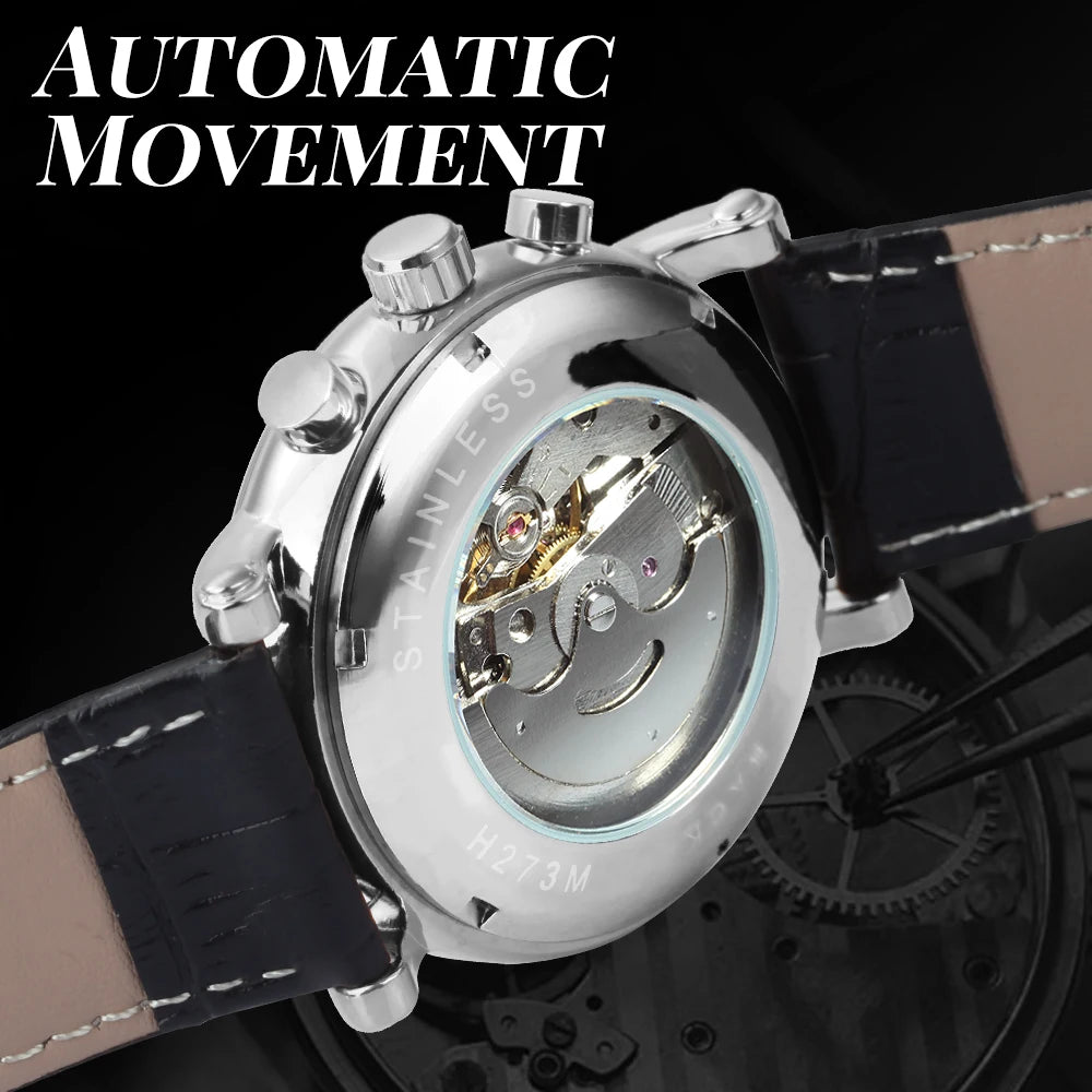 Excellence Pilot Multifunction Mechanical Watch for Men Fashion 24 Hours Week Display Leather Strap Business Automatic Watch