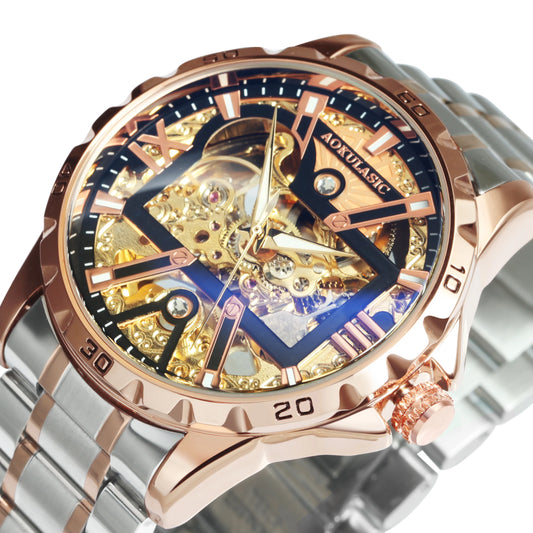 Excellence Brand Military Mechanical Watches Fashion Iced Out Gold Skeleton Automatic Watch for Men Stainless Steel Strap Luminous