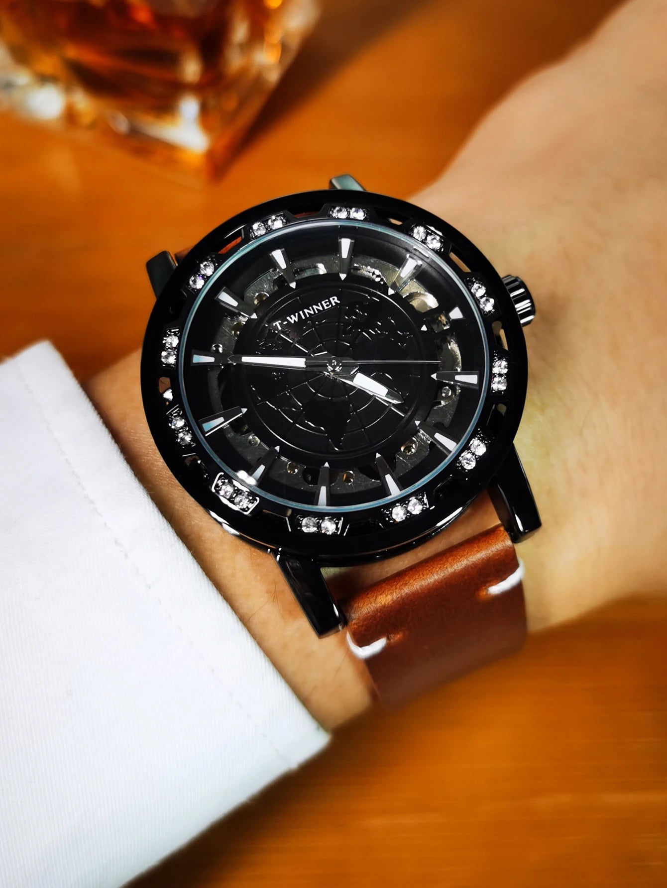 Excellence Classic Iced Out Skeleton Mechanical Watches Luminous Hands Luxury Gold Watch for Men Vintage Brown Leather Strap Clock