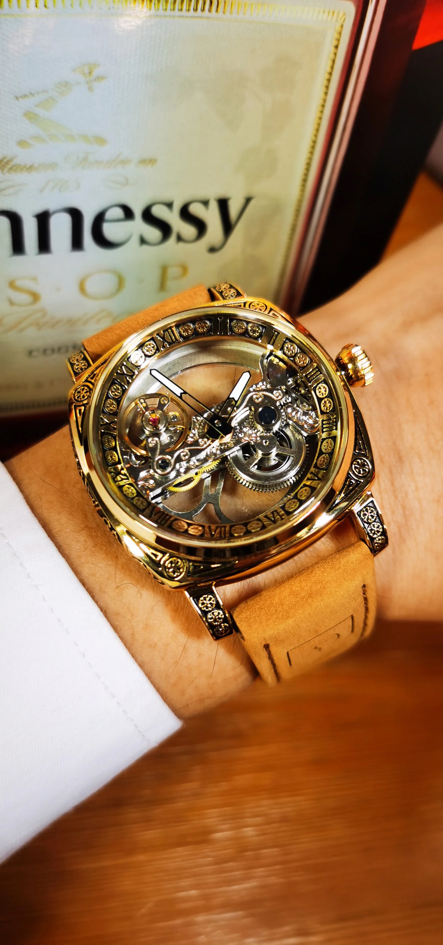 Excellence Square Luxury Skeleton Mechanical Watches Retro Engraved Case Golden Bridge Automatic Men's Watch Genuine Leather Strap