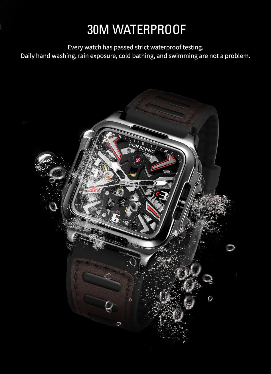 Excellence Original Square Skeleton Mechanical Men Watch Automatic Movement Clock Field Sport Rubber Band Luxury Replica Watches